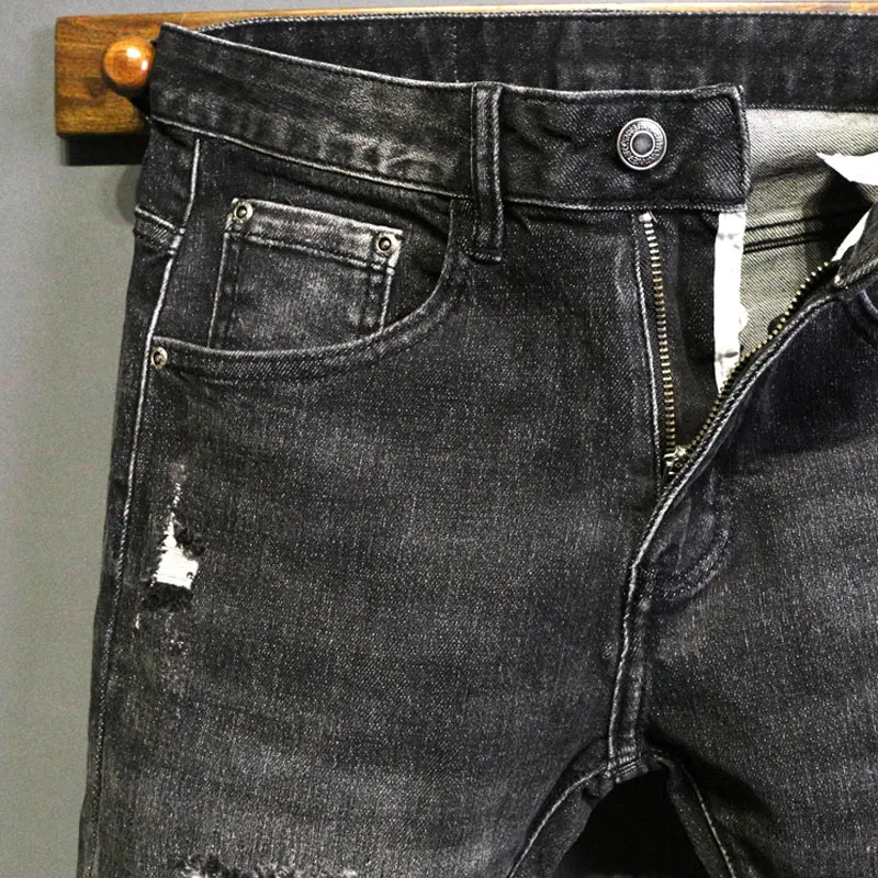 

HombreFashion Men Jeans RetroBlack Gray Stretch Skinny Fit Ripped Jeans Men Vintage Designer Patched Denim Pencil Pants Hombre