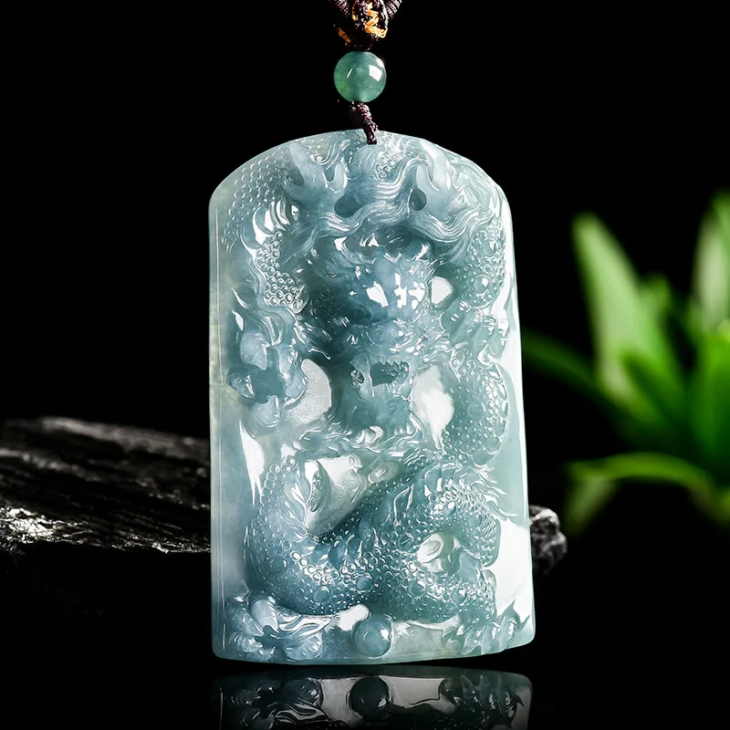 Natural A-grade Jadeite Blue Water Divine Dragon Pearl Pendant Ice Jade Zodiac Business Prosperity Gemstone Jewelry Drop Ship