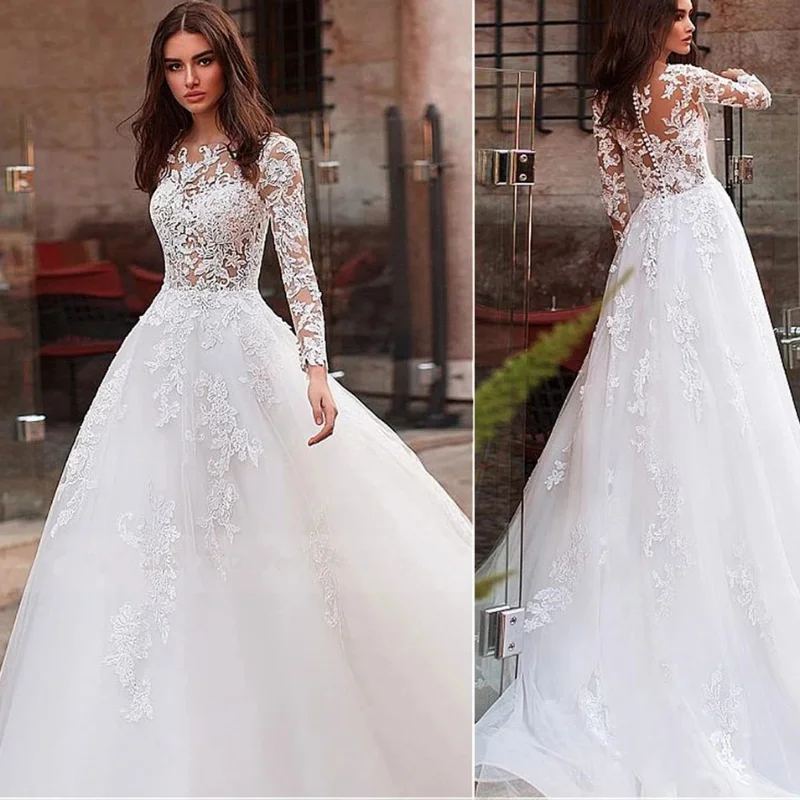 Wholesale Long Wedding Dress Lace Appliques Long Sleeve Bridal Dresses Princess Charming Tulle Button for Women Robe De Mariee