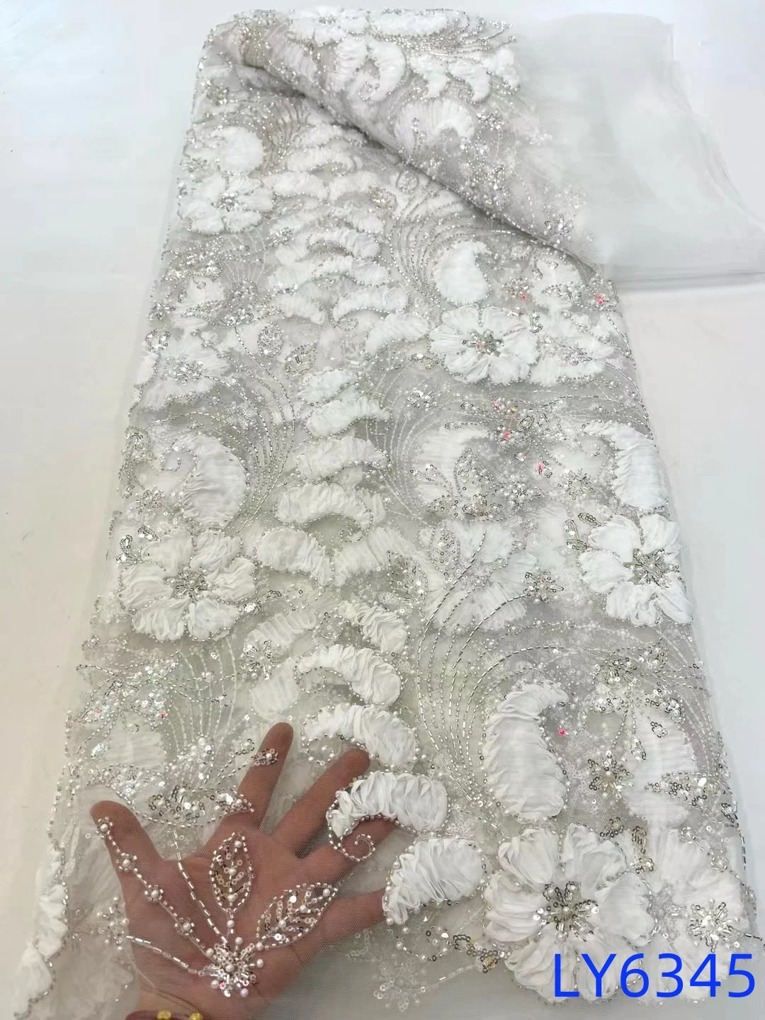 

Африканская кружевная ткань 2025, высокое качество, французский 3D цветок, белая вышивка бисером, тюль, кружевная ткань для праздничного платья