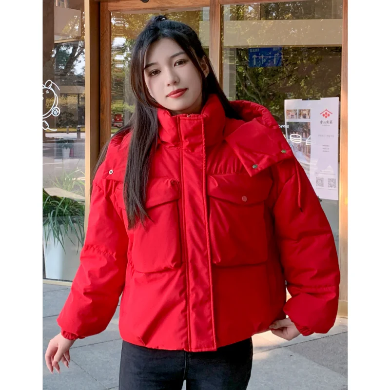 Beige Down Jacket Women Coat Black Hooded Fashion American Streetwear Y2K Style Duck Down Feather Female Winter Short Outwear