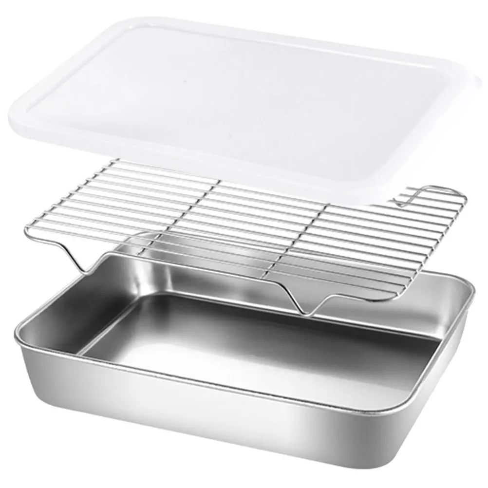 

1 set 1 Set Stainless Steel Deepen Food Pan Large Capacity Kitchen Storage Container With Rack For Fridge Airtight Fresh Keeping