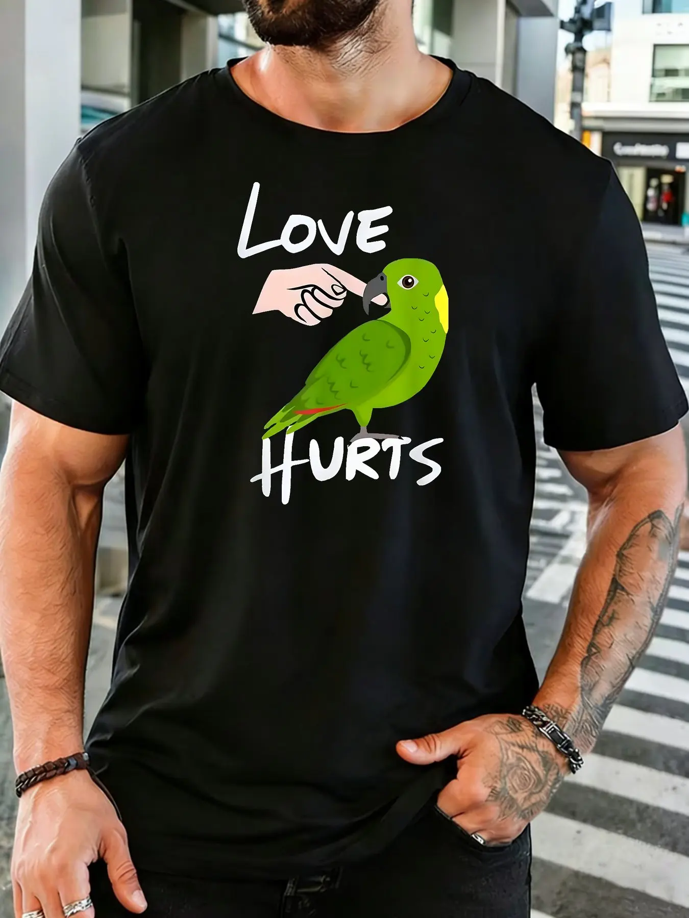 Funny Green Parrot Bite Hand Love Hurts Text Art Print Mens Light Cotton Short Sleeve Loose Fit Animal Humor Casual T Shirt