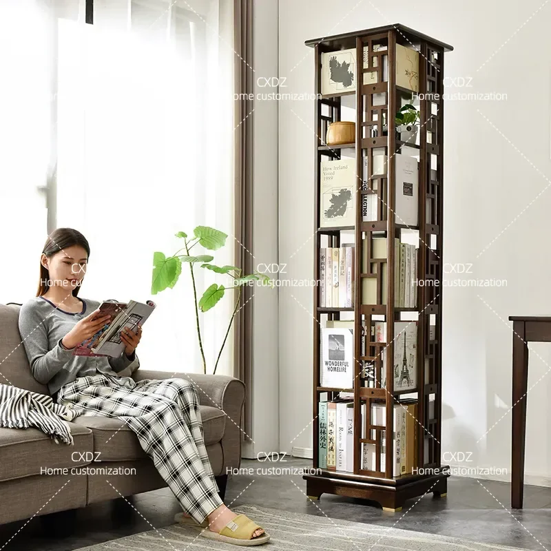 Solid Wood Rotating Bookshelf 360 Degree Mobile Bookcase Living Room Floor Shelf Light Luxury Storage Rack