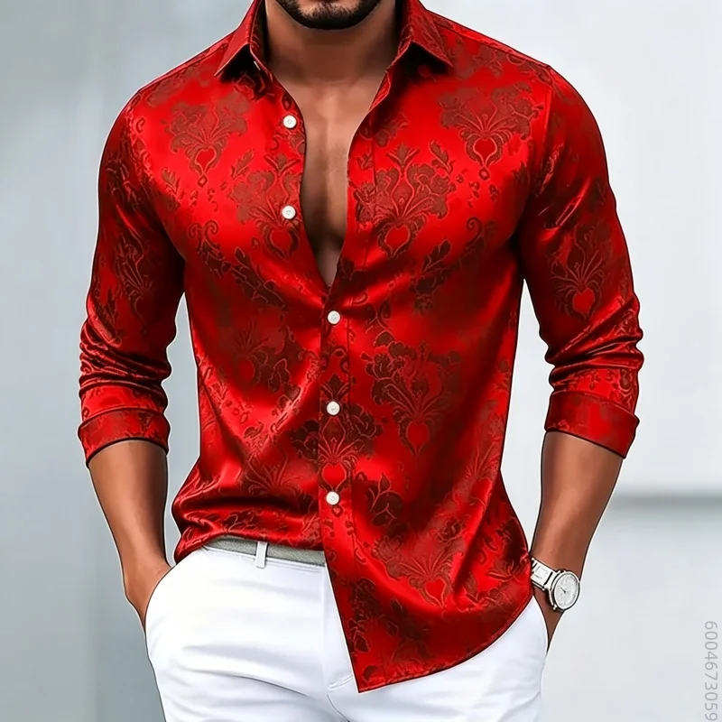 Trendy men's long sleeved shirt with retro Baroque floral print, cardigan top, versatile for parties and banquets, men's shirt