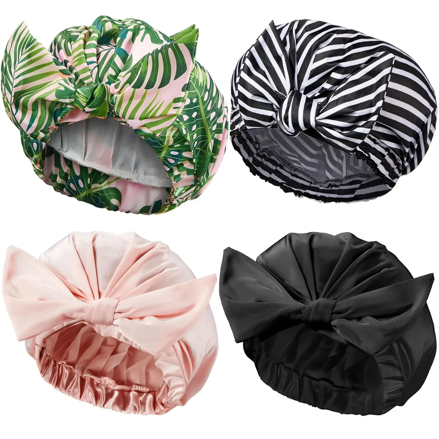 

4 Pcs Shower Caps for Women, Waterproof Reusable Shower Hair Bowknot Satin Bath Hair Elastic Hem Turban Bath for