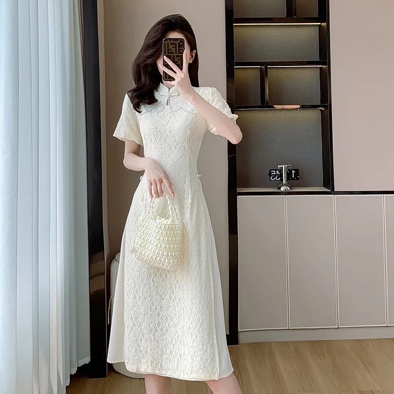 EIYOVVI 2024 Summer Pearl Frog Sweet Elegant Office Lady Lace Fake Two Piece Mid Length Slim Dress Korea Fashion White Dresses