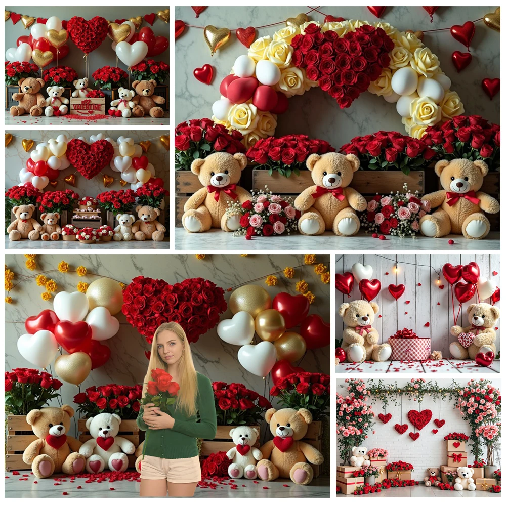 

MOON.QG Valentine's Day Teddy Bear Photo Background Heart Balloon Rose February 14 Backdrop Photozone Women Studio Portrait