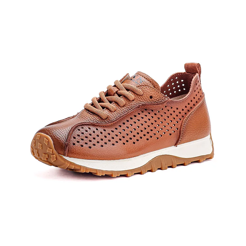 Summer New Style Thin Leather Surface Breathable Hole Sandals Sneakers Genuine Leather Flat Bottom Casual Sports Women's Shoes