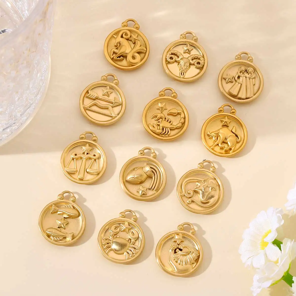 12pcs/lot Stainless Steel Gold Color Round Twelve Zodiac Charm Constellation Pendants for DIY Making Jewelry Accessories