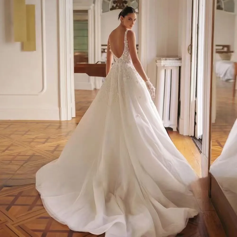 

Delicate Lace Embroidery Wedding Dresses Boat Neck Sleeveless Vestido De Novia Customized Elegant A-Line Bridal Gown