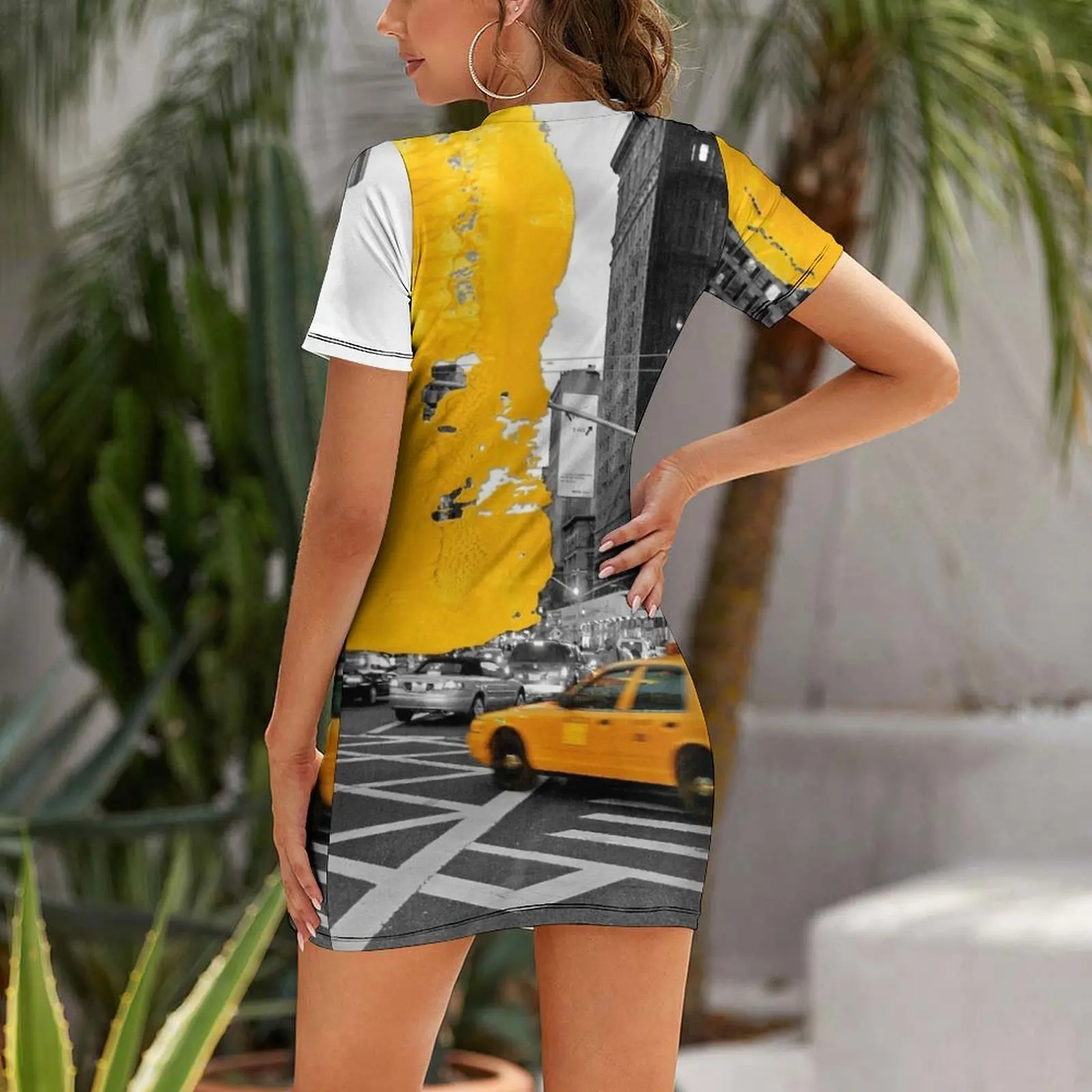 NYC Yellow Cabs - Flat Iron - Brush Stroke Short Sleeved Dress loose summer dress Beachwear sexy short dresses daring Dress