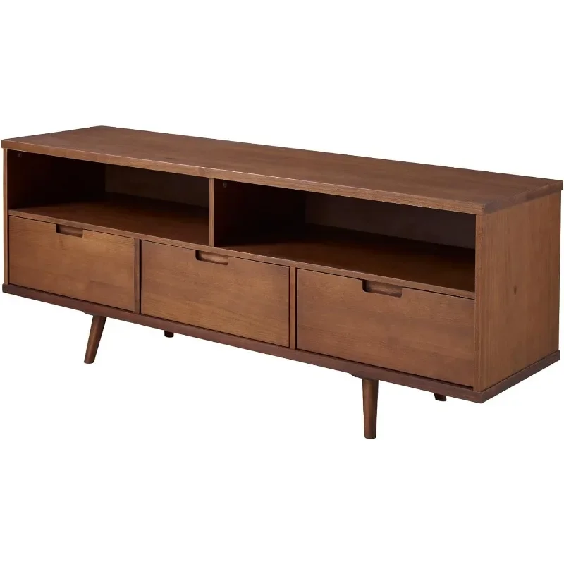 Modern Wood TV Stand para sala de estar, tela plana, porta do armário, armazenamento para entretenimento, 3 gavetas, meados do século, até 65"