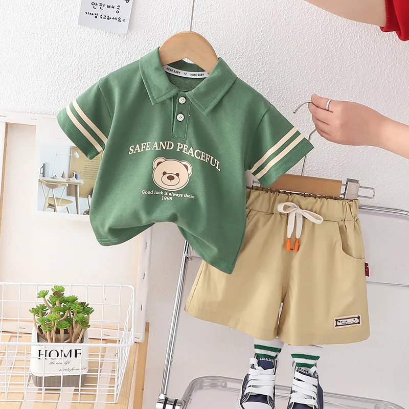 

Summer Baby Boy Clothes Set Kid Girls Cartton Lapel Tshirts and Shorts 2 Pieces Suit Children Letter Top Bottom Outfit Tracksuit