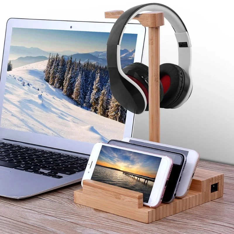 Présentoir pour écouteurs en bois massif, support pour iPhone et iPad, support pour écouteurs perfecemballages, bureau petde charge 3 USB, 3 en 1