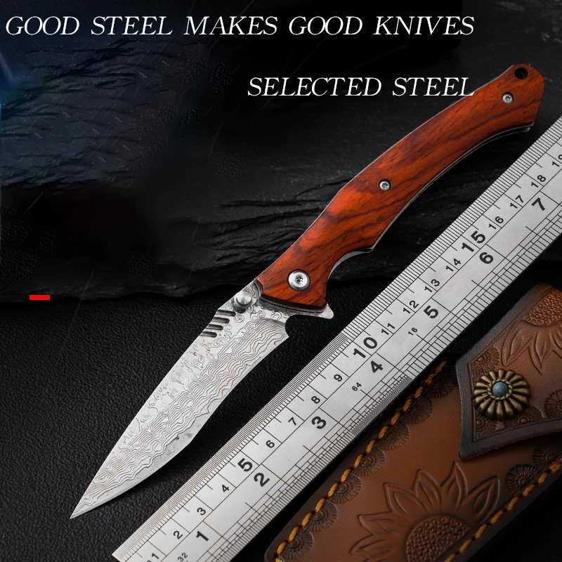 Amazon hot sale Damascus steel steel folding knife outdoor portable self-defense knife hand meat and fruit knife camping knife