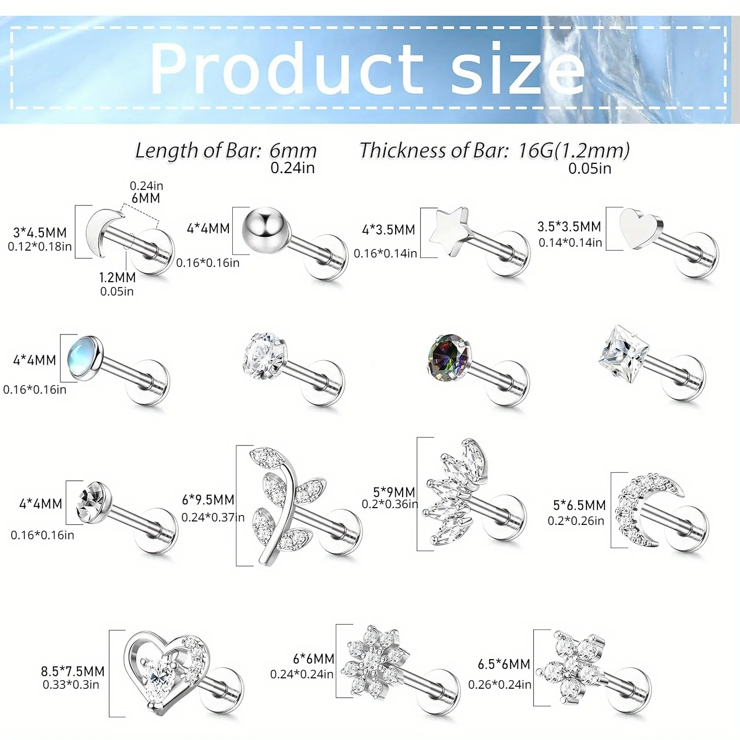 BESTEEL 1Pc Stainless Steel Cartilage Ear Stud for Women 16G Tragus CZ Labret Ear Nail Lip Bar Nose Nail Piercing Jewellery