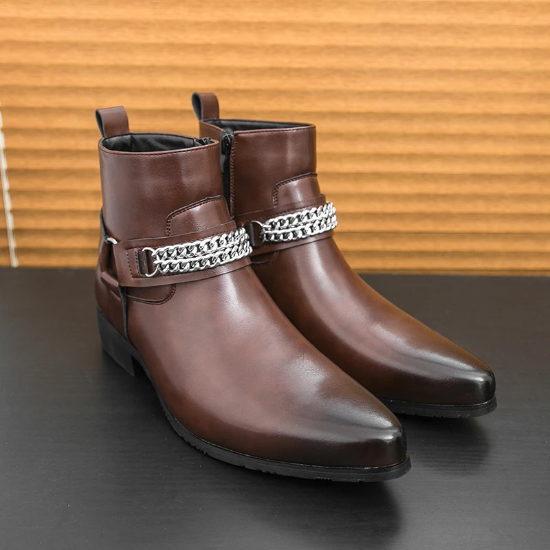 

Мужские деловые высокие рыцарские сапоги с острым носком, однотонные удобные дышащие модные мужские ботинки, размер 38-46