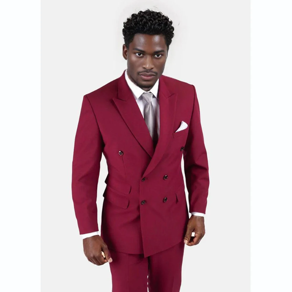 

Vintage Claret Suits For Men Double Breasted Notch Lapel Two-pieces (Jacket+Pants) Blazer Set Slim Fit Formal Business Banquet