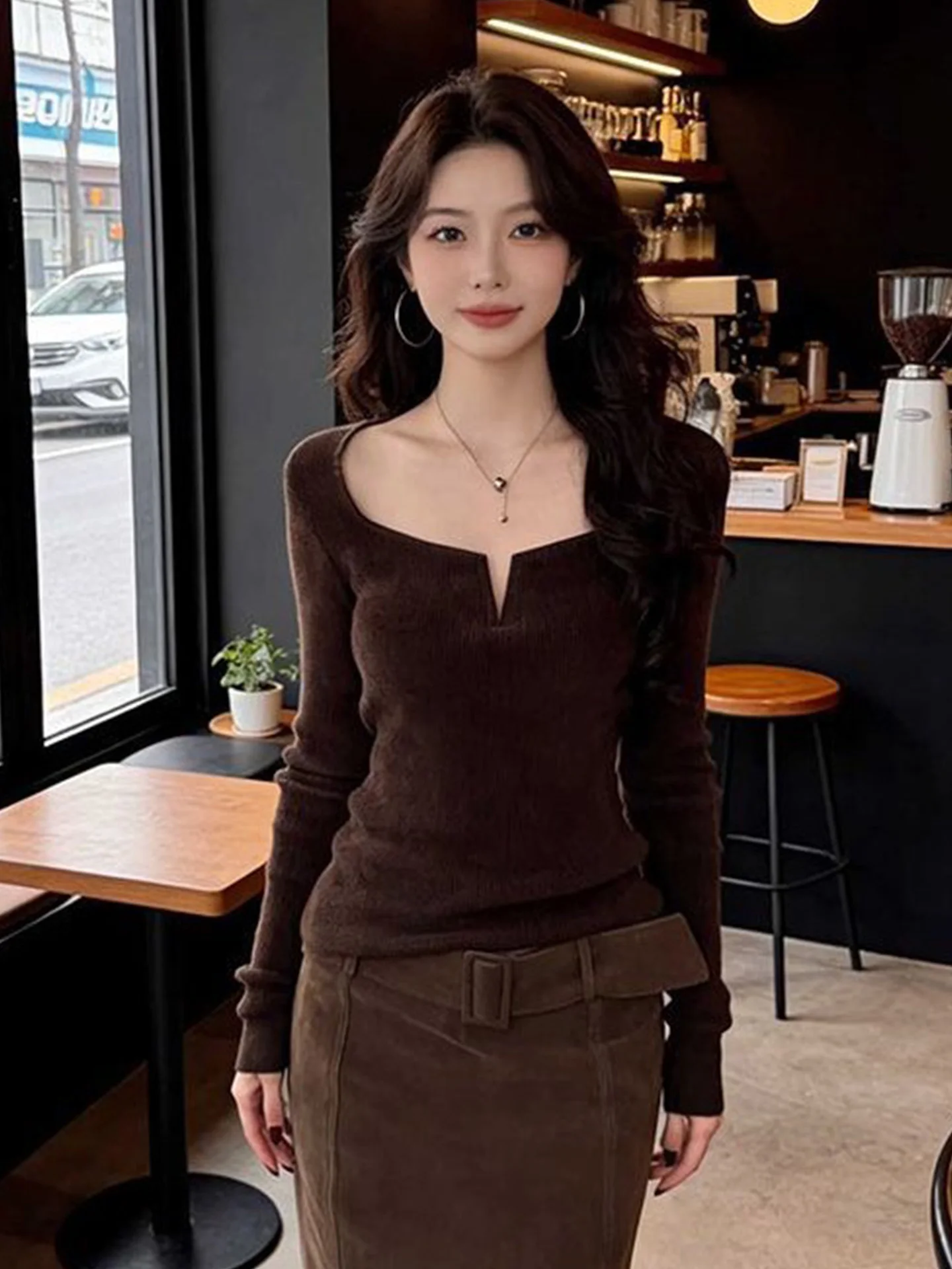 

Retro Sle Women's Faion Set Sexy Elastic Slim Fit U-Ne Top And f Skirt Warm Spring Outfit High Waist Knitted Dr