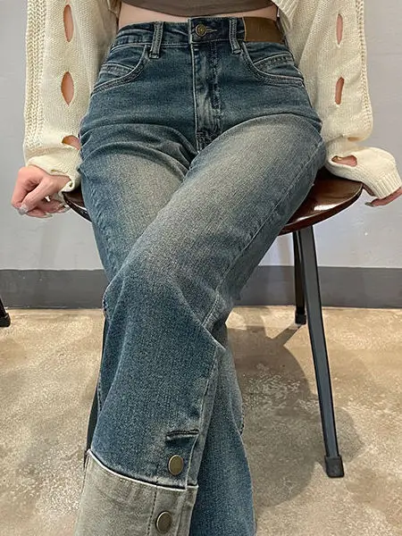 ハイウエスト Fce パッチワーク ストレートレッグ 春秋新作 レディースジーンズ ハイウエスト カフ付き アンクル丈 カジュアルウェア