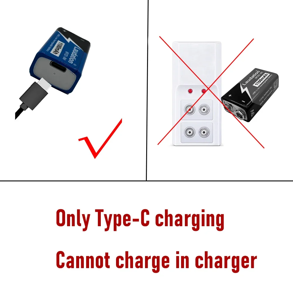 9V Battery 1100mAh Li-ion Rechargeable Battery Type-C Battery 9V USB Lithium For Multimeter Microphone Toy +USB Charging Cable