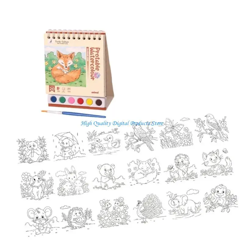 

U2JE Children Painting Notebook with Paint and Brush Twin Coil Binding Watercolor Drawing Pad for Artist Kid Travel Sketching