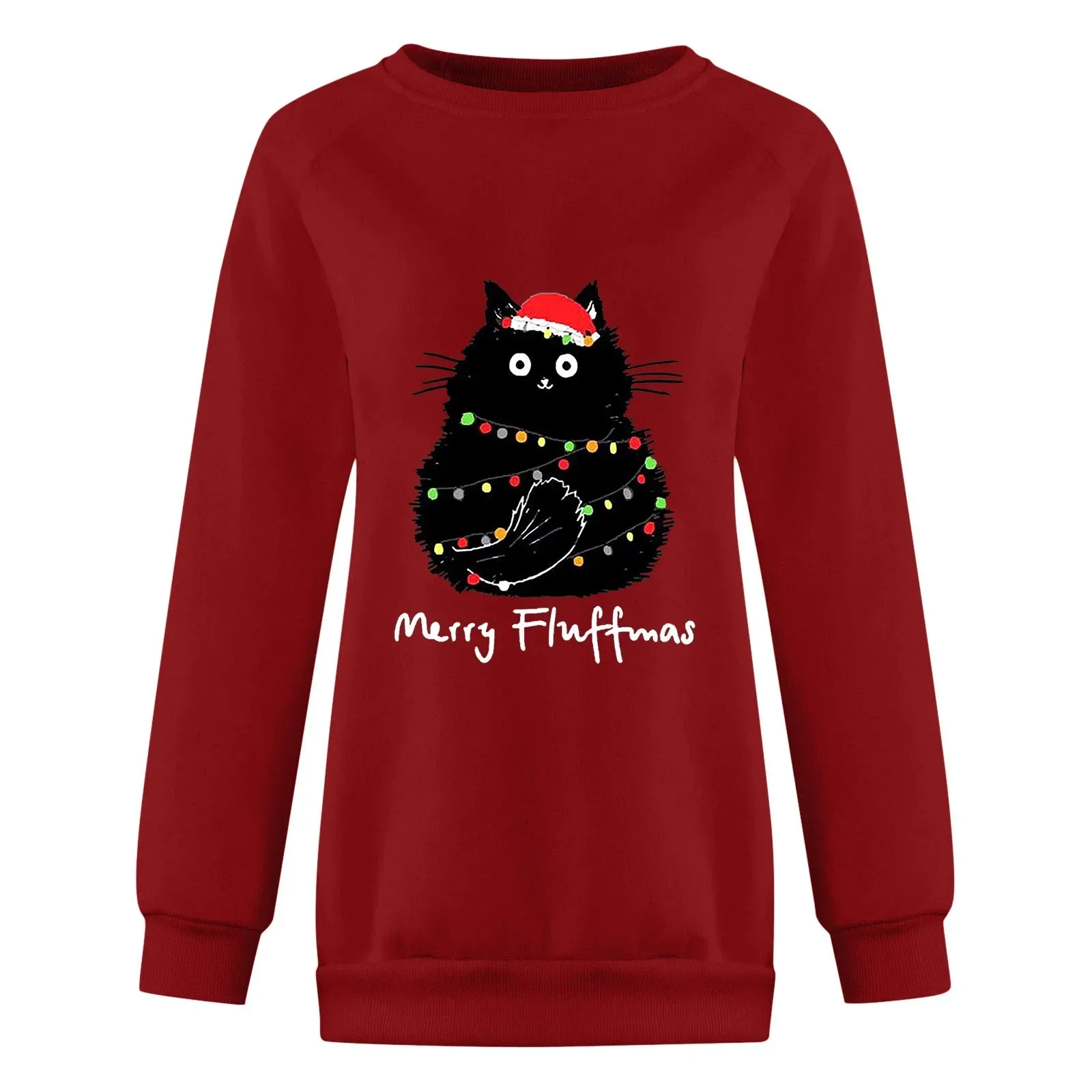 Weihnachten Damen T-Shirt Ugly Cat Print O Neck Sweatshirt Rundhals Fit Pullover Tops Langarm Weihnachten Hoodies Bluse weiblich