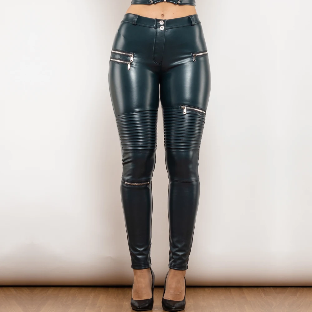 

Shascullfites Melody Blue Leather Tapered Pants Motor Leather Trousers Shaping Leather Leggings With Zippers