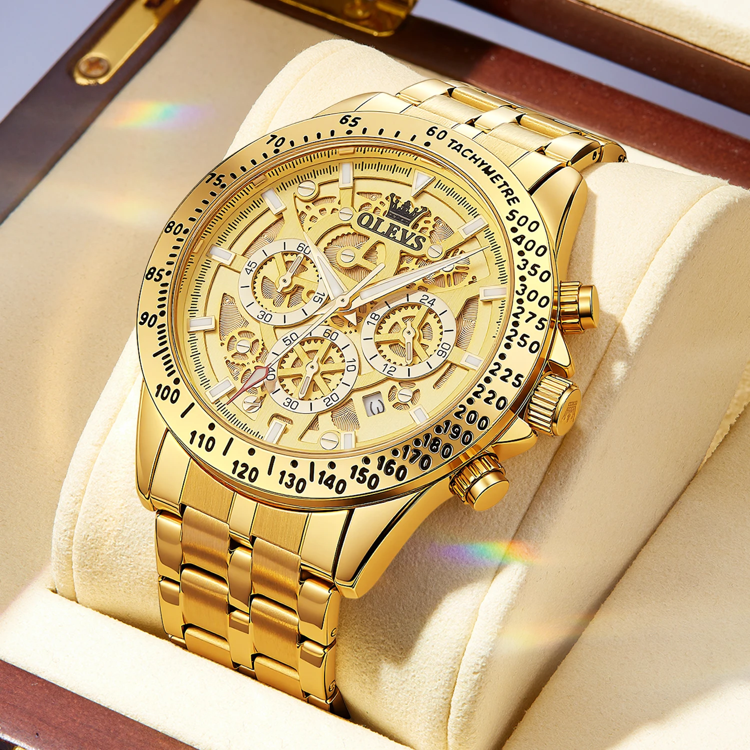 OLEVS 9913 Hot Sale Quartz Watches for Men Gold Stainless Steel Chronograph Waterproof Hollow Dial Design Luxury Man Wristwatch