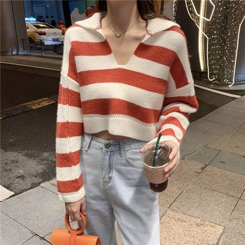 Turn-down Collar Contrast Color Long Sleeve Pullover Sweater Knitted Striped Casual Women\'s Clothing Spring Autumn Trendy Tops