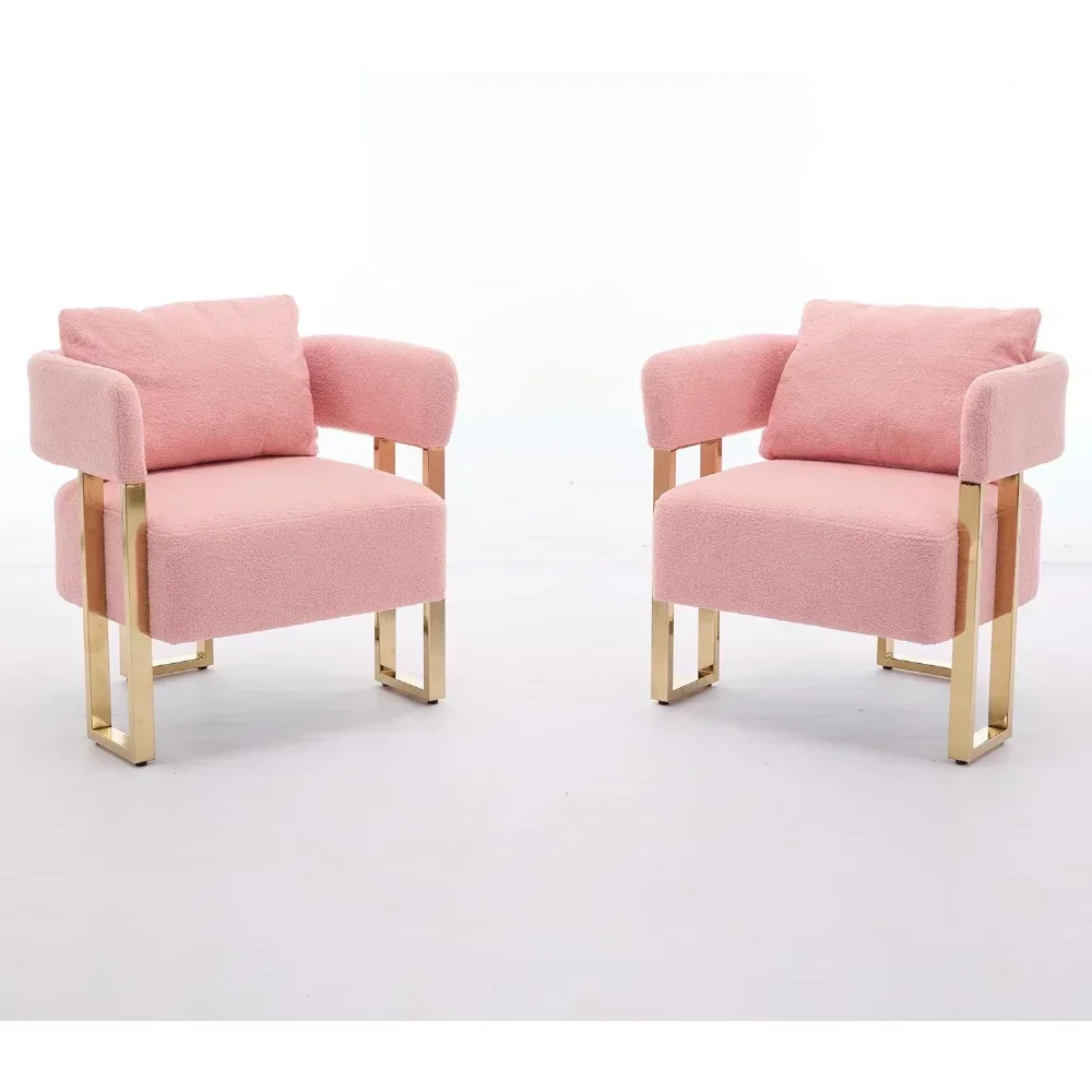 Set of 2 Modern Barrel Chairs, Upholstered Armchairs with Gold Metal Legs & Soft Teddy Fabric, Living Room Accent Chairs​