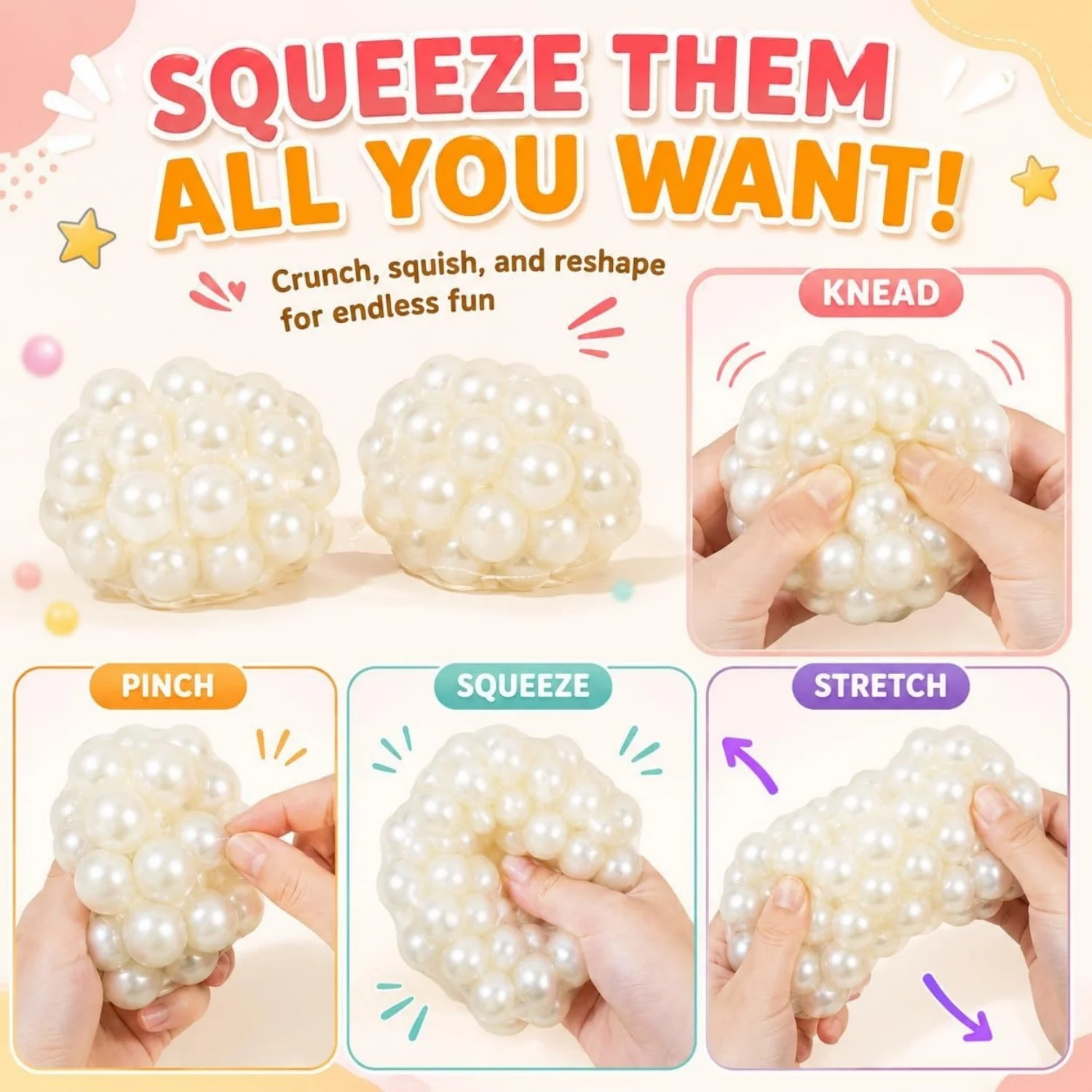 Crunchy Stress Balls Squishy Fidget Toys,Sensory Pearl Anxiety Relief Squeeze Toy Shapeable Squeeze Toy Birthday Christmas Gift