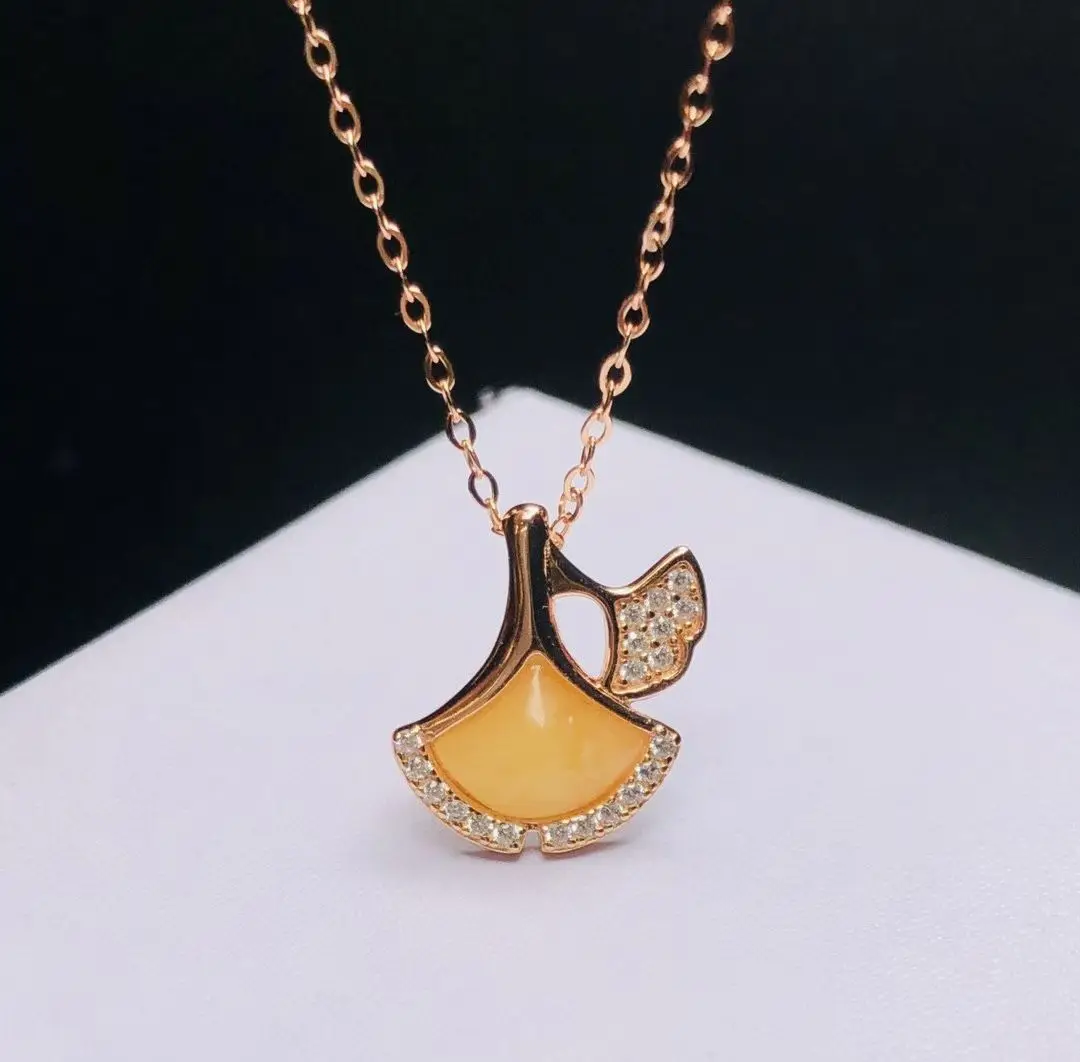 

Certificated 925 Sterling Silver Natural Honey Amber Ginkgo Leaf Pendant Chain Necklaces Leaf Design Real Gemstone Women Jewelry