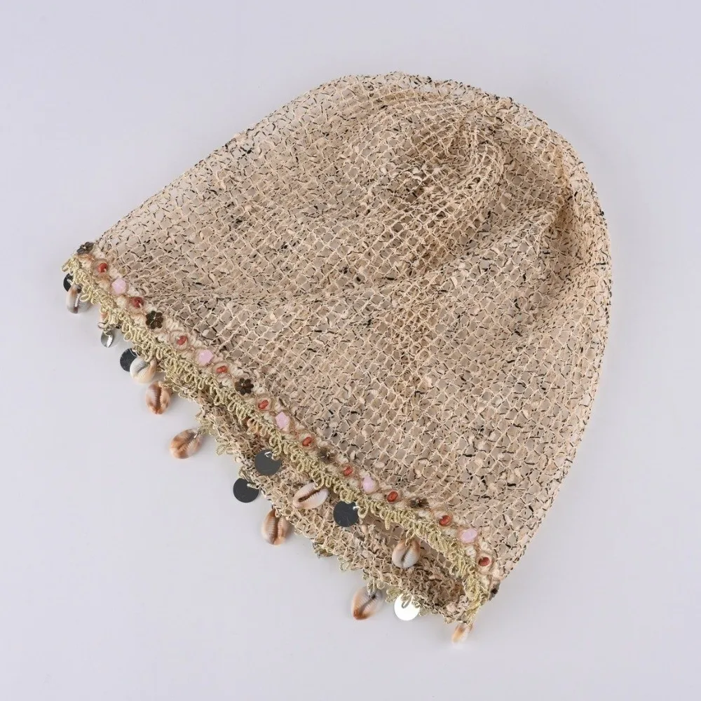 Lightweight Shell Charm Wrap Beanie Thin Large Head Size Hollow Out Slouchy Hat Pullover Design Breathable Fringe Skullcap