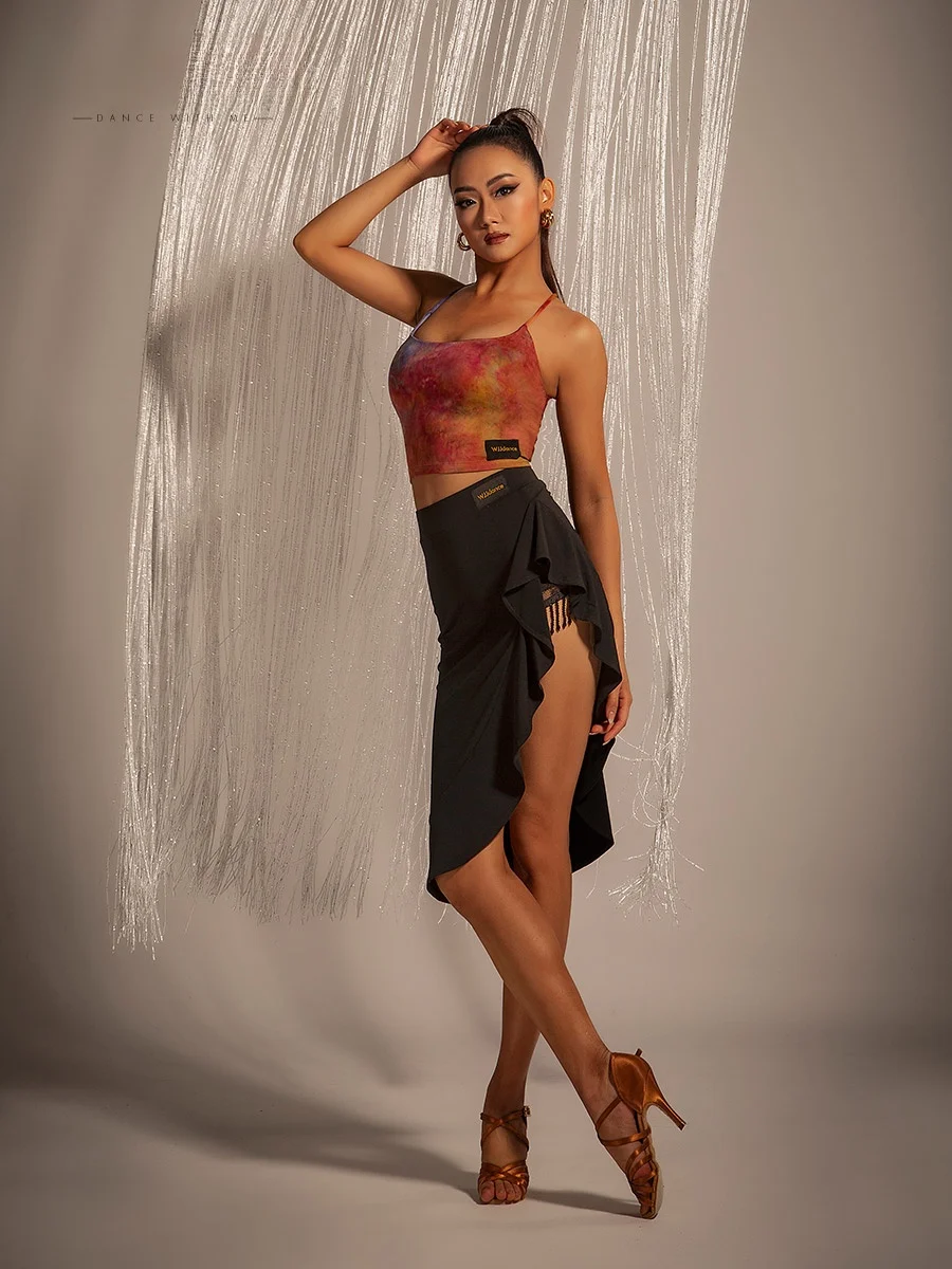 

WJJdance Latin Dance Skirt Women's New 2025 Lace Trim Side Sequin Tassel National Stand Practice orm f-length Skirt