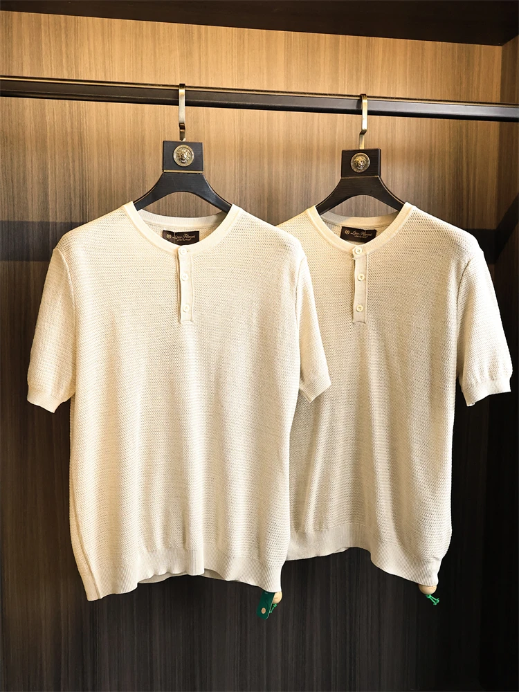 

Summer Knitwear Men's Short Sleeve Henry Collar Business Casual Fashion Urban Style Light Weight Pure Color Knit Shirt
