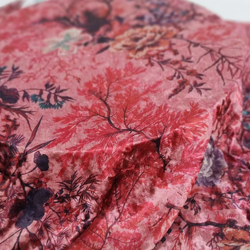 Golden Brick Velvet Printed Fabric with Four Sides Elastic Large Flower Dress Half Skirt Casual Wear Fashion Diy Material Cloth