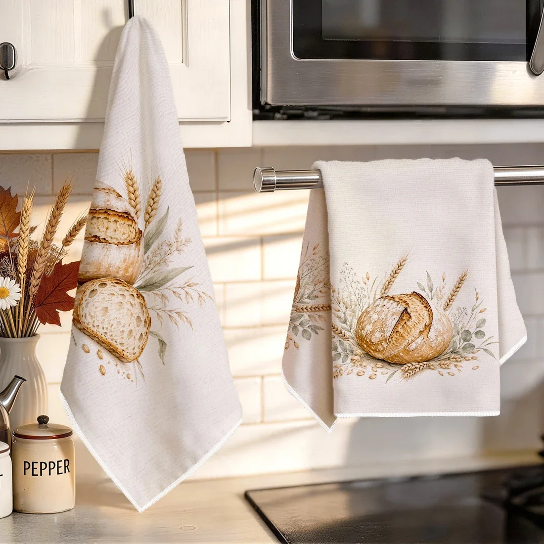 2pcs Set Kitchen Towels Bread And Wheat EarsHand Towels Christmas Decorations For Home Noel Dish Towels Gifts