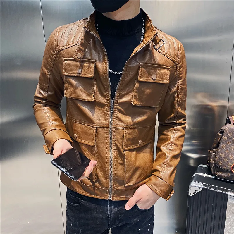 

Slim Fit PU Leather Jaet Small Size S XS Motorcycle Sle Spring Autumn Youth Faion Straight Hem Zipper Closure ort Coat