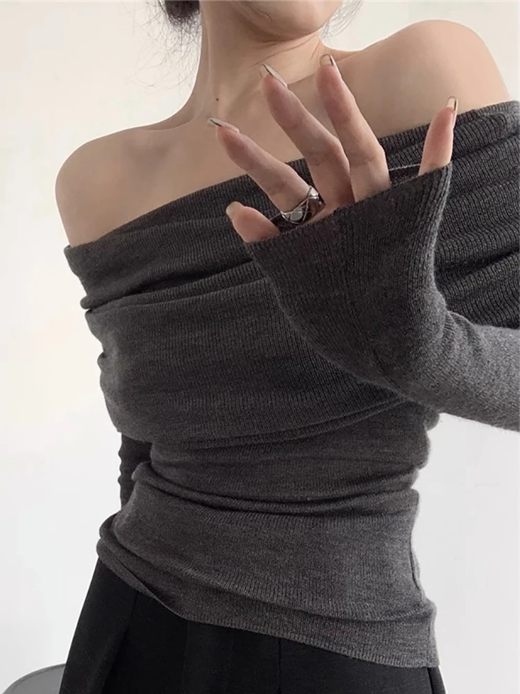 Sweater Women Sexy Slash Neck Slim Knitted Tops Pullover Long Sleeve Knit Pull Femme Vintage Knitwears Autumn Winter Clothing