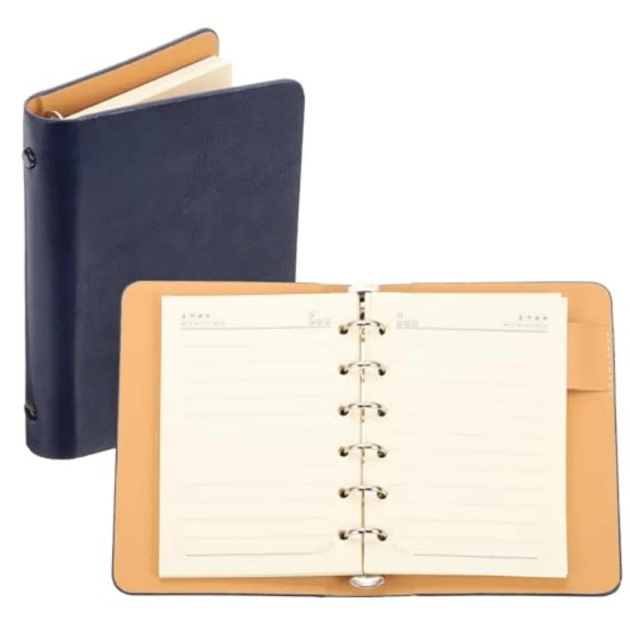 

6 Ring Binder Cover, A7 Leather Notebook Binder Mini Refillable Loose Leaf Personal Planner with 50 Sheets Line Paper
