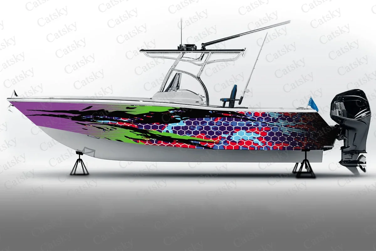 camouflage hexagonal honeycomb Boat Sticker, PVC Waterproof Vinyl Wrap Decals for Fishing Boats, Durable and Stylish Design