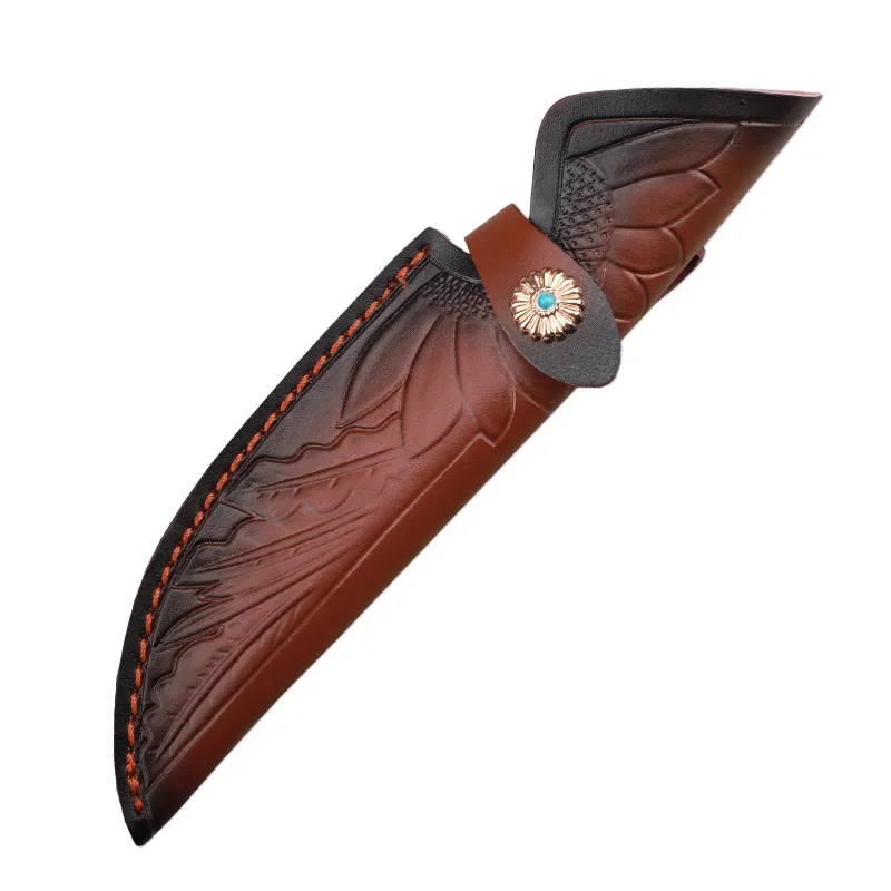 24cm Fixed Blade Knife Scabbard Embossed Cowhide Portable Holster Camping Knife Case Hunting Knife with Belt Buckle