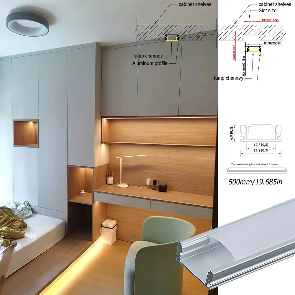 17x7mm (5pcs) 0.5m U Shape Aluminum Extrusion Profile Channel with PC Diffuser and Accessories Do Not Include Led Strips