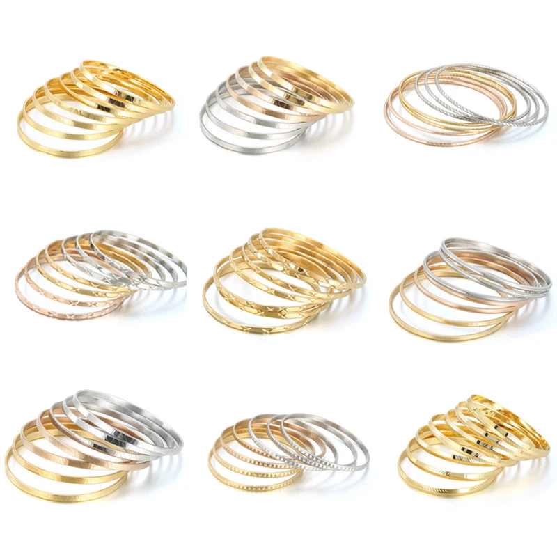 7pcs/Set Multi Option Carved Stainless Steel Bangle For Woman Gold/Silver Color Party Birthday Minimalist Wrist Jewelry Gifts