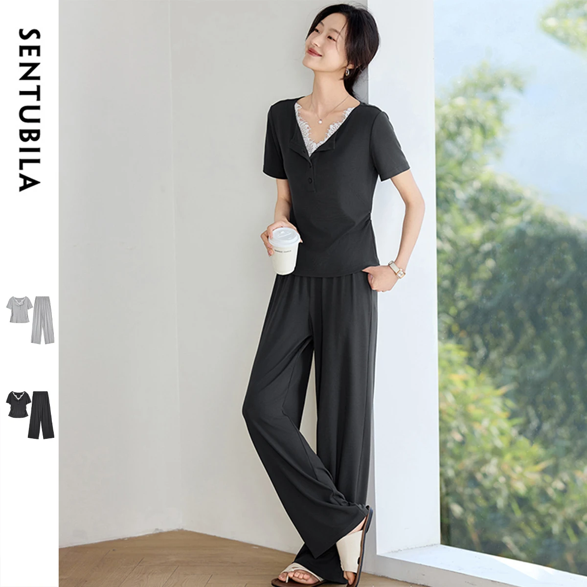 

SENTUBILA 2 Piece Sets Woman Outfit Summer 2025 V-neck O Neck Design Short Sleeved T-shirt Straight Pant Ladies Set 152ZC1612