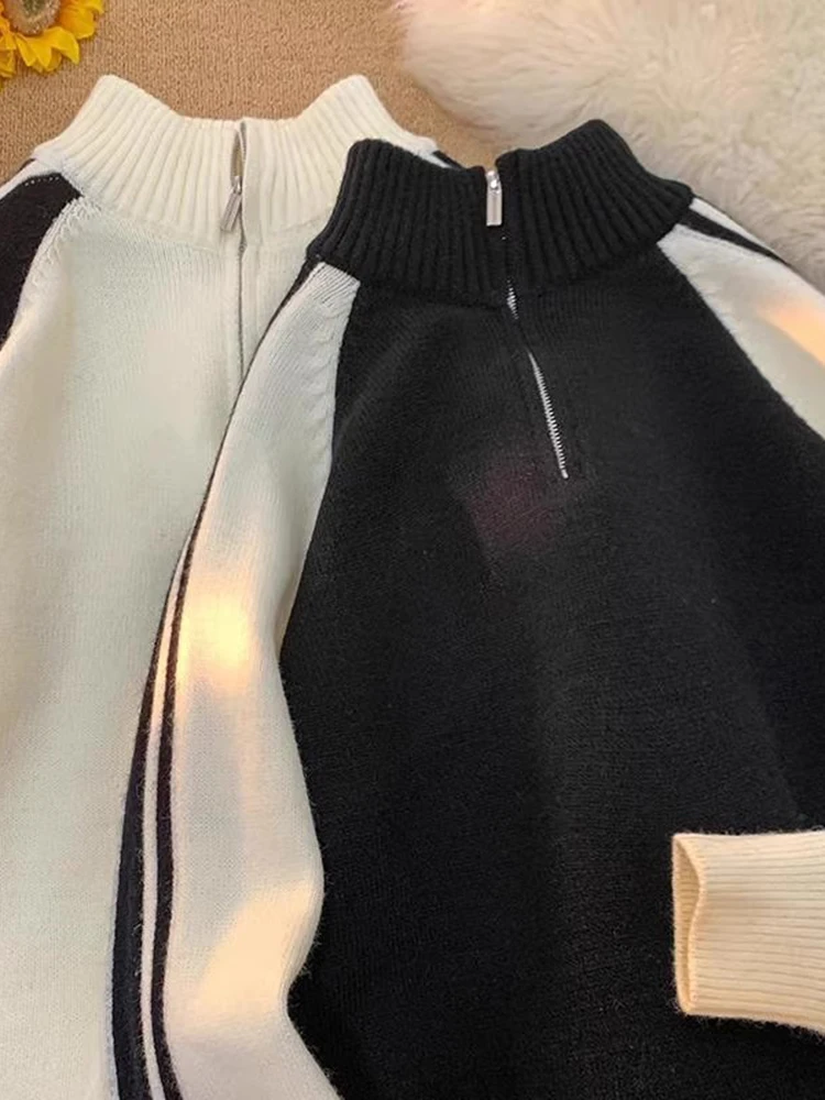 

Мужской осенний трикотажный свитер на молнии в стиле Color Block, повседневный, свободного кроя, базовый слой, в японском стиле, с воротником-стойкой, для ленивого образа