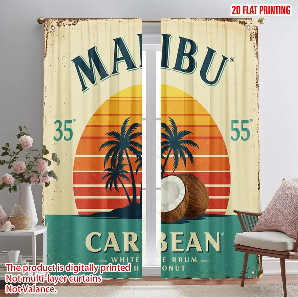

2pcs 2D flat printing Curtains Malibu Caribbean Coconut Rum Fabric Without Electricity Festive Wall Decor Use for Home Decor
