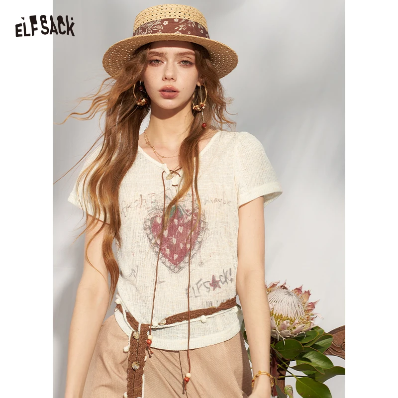 ELFSACK Women's Strawberry Print Lace-Up T-Shirt, Puff Sleeve Knit Punk Streetwear Top, Sweet Grunge Y2K Tee